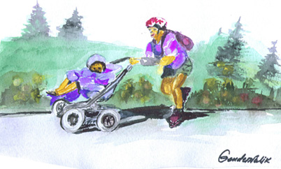 Stroller Skating - Painting by Larisa Gendernalik